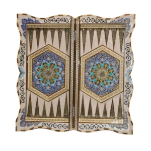 “Open Del Naghsh backgammon board without pieces, featuring Khatam Kari inlay and butterfly-inspired gilded design”