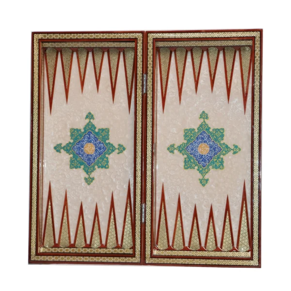 "Luxury Khatamkari backgammon board with a light cream background and central geometric Persian motifs in green and blue."