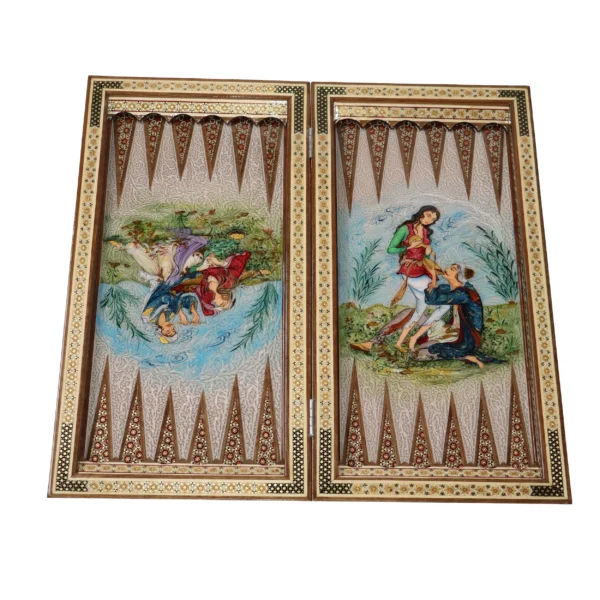Hand-painted Persian polo scene on Khatam backgammon board