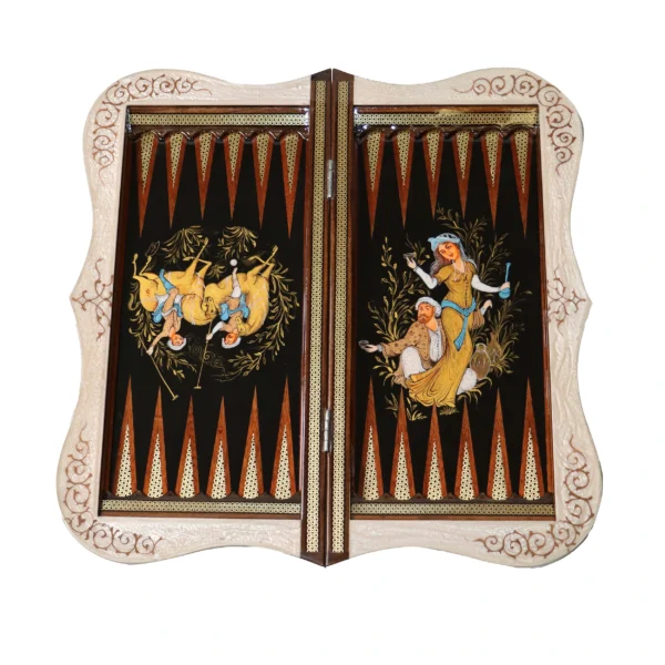 "Luxury Khatamkari backgammon board with traditional Persian miniature art; polo players on one side and an Iranian man and woman in a romantic scene on the other."