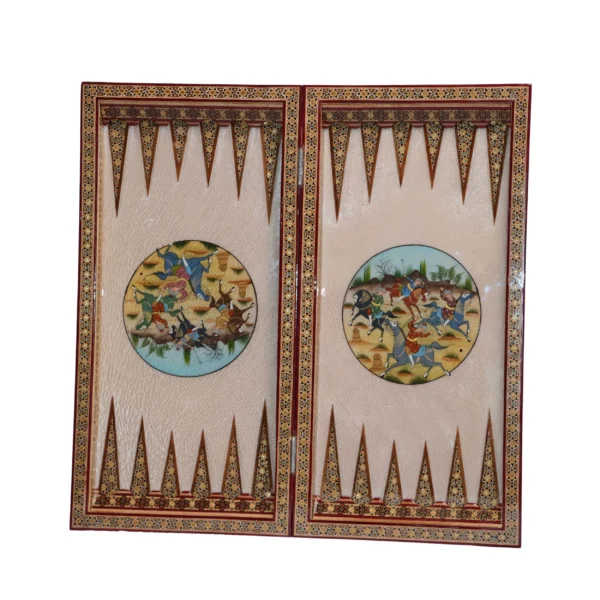 "Luxury Khatamkari backgammon board with cream background and traditional Persian miniature art; battle scenes with horsemen in the center of each side."