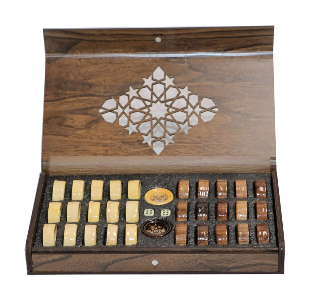 “Wooden backgammon pieces and two dice in a handcrafted wooden case with foam separators – accessories”